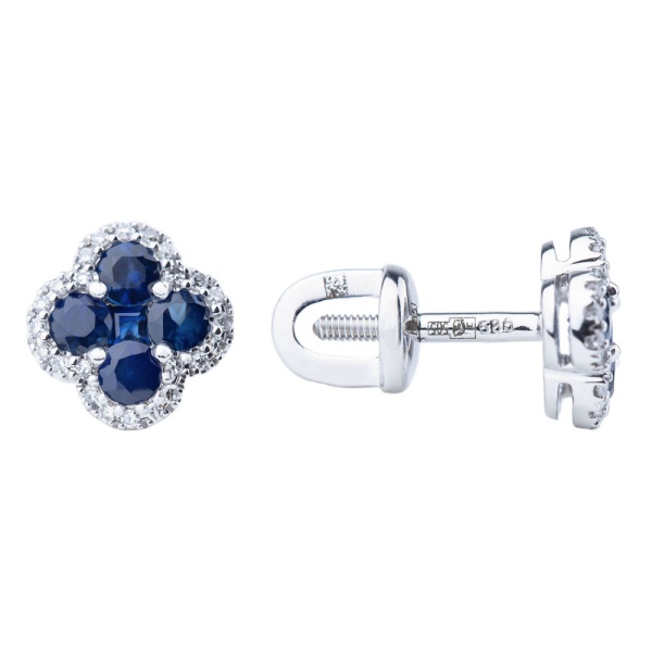 Серьги-пусеты из белого золота с сапфирами и бриллиантами